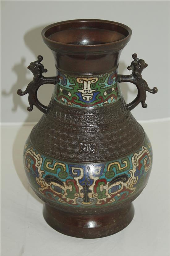 A Japanese bronze and champleve enamel baluster vase, late 19th century, 29.5cm